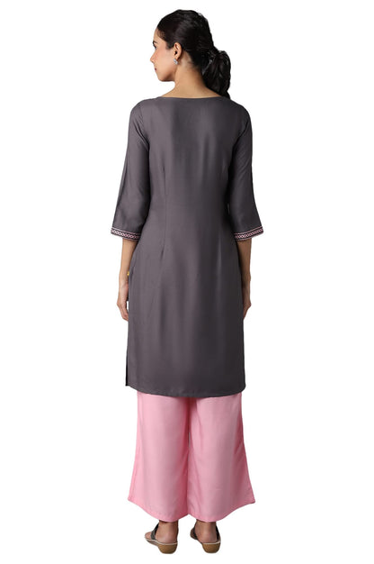 Aure Collection By Aurelia Grey Solid Ethnic Kurta With Light Pink Straight Palazzo