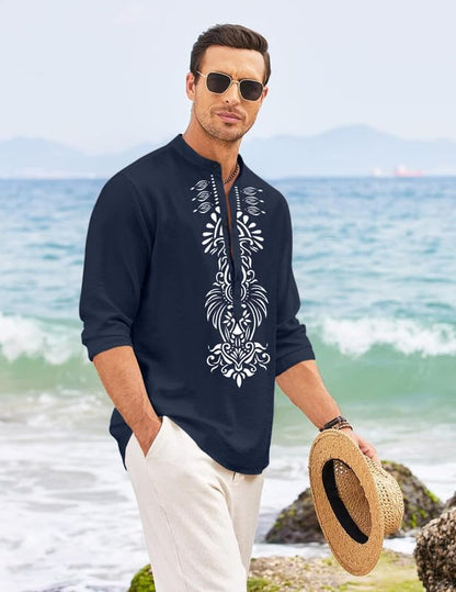 Finivo Fashion MenS Cotton Blend Short Kurta With Bold Printed Front Design | Full Sleeve Ethnic Casual Kurta With Mandarin Coll