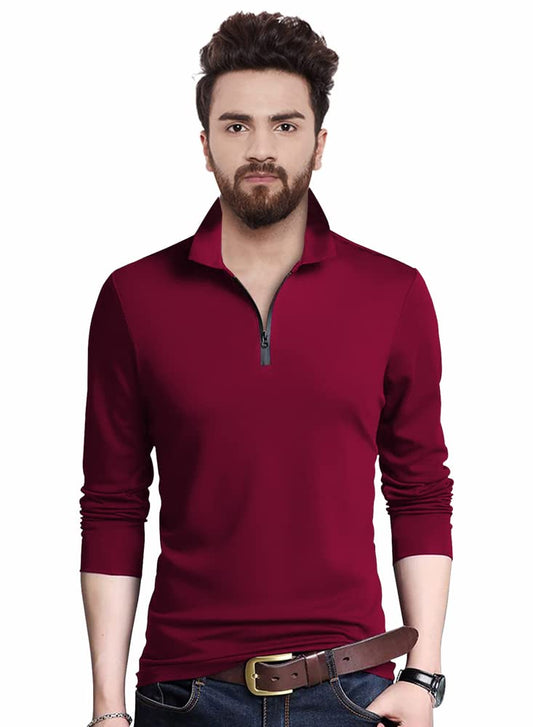 Eyebogler MenS Trendy Polo Neck Full Sleeves Solid T-Shirt Wine Red