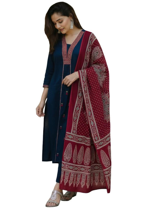 GoSriKi Womens Rayon Viscose Straight Embroidery Kurta with Pant & Dupatta (Jarul Blue-VKS02-GS_M_Blue_Medium)