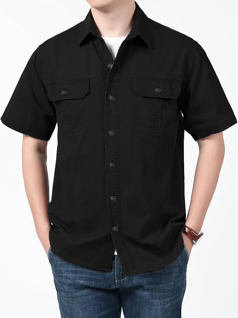 SMOWKLY Mens Casual Solid Printed Cotton Regular Fit Shirt || Half Sleeve, Button Down, Double Front Pocket || Denim Jacket Sty