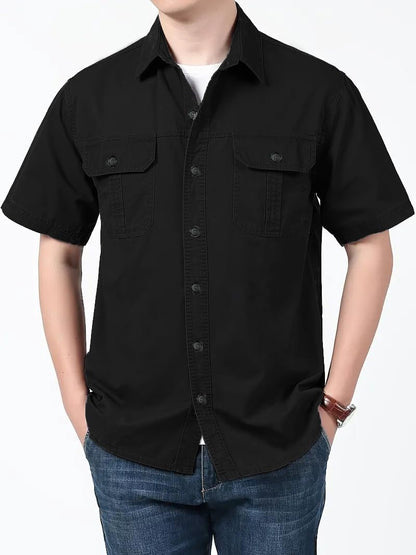 SMOWKLY Mens Casual Solid Printed Cotton Regular Fit Shirt || Half Sleeve, Button Down, Double Front Pocket || Denim Jacket Sty