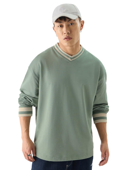 The Souled Store Solids: Sage Green Men and Boys Round Neck Oversized Fit Full Sleeve T-Shirts Oversized Mens T-Shirts Solid Ba