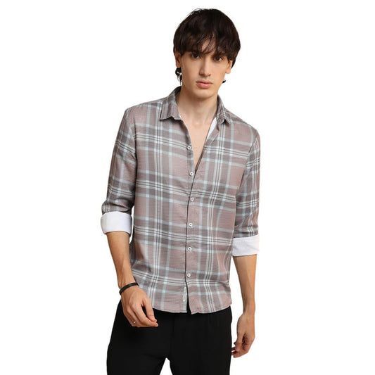 Campus Sutra Mens Nude Pink & Cloud Grey Tartan Plaid Shirt for Casual Wear | Spread Collar | Long Sleeve | Button Closure | Sh