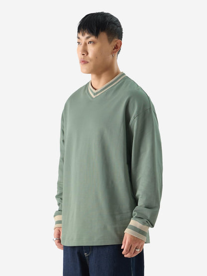 The Souled Store Solids: Sage Green Men and Boys Round Neck Oversized Fit Full Sleeve T-Shirts Oversized Mens T-Shirts Solid Ba