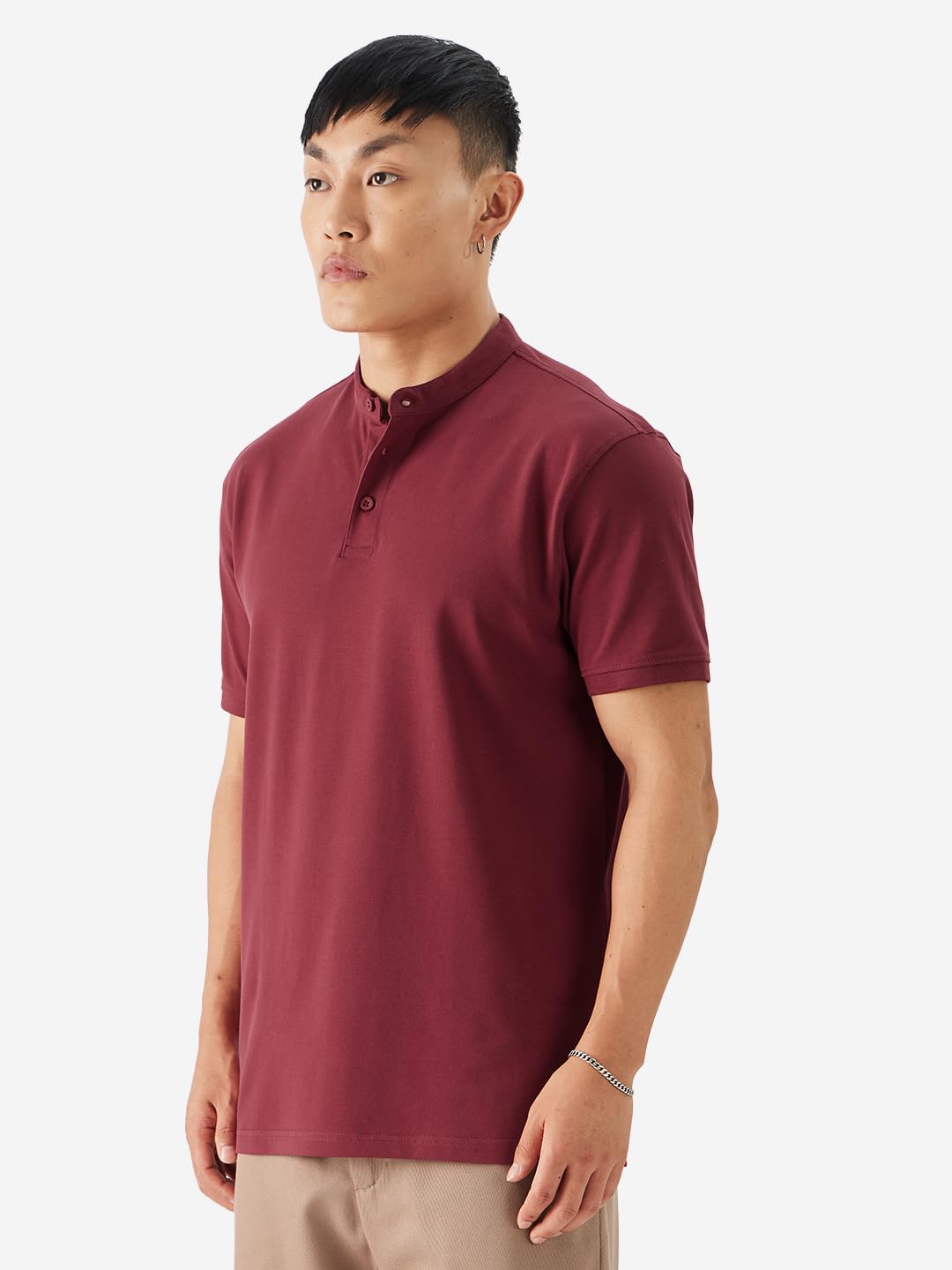 The Souled Store Solids: Rhubarb Men and Boys Short Sleeve Collared Neck Cotton Blend Regular Fit Mandarin Polos