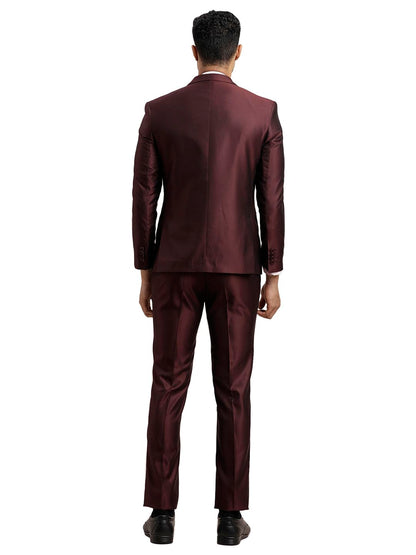 Turtle Men Poly-Viscose Dobby Print Full Sleeve Three Piece Brown Party Suit