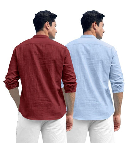 Royalscout Combo Of MenS Solid Cotton Blend Full Sleeve Straight Kurta Shirt (Pack Of 2)