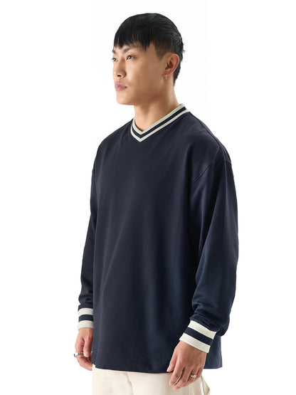 The Souled Store Solids: Navy Men and Boys Full Sleeve V- Neck Oversized Fit T-Shirts Oversized Mens T-Shirts Solid Basic Tees