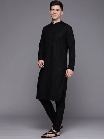 Manyavar Kurta Set for Men, Full Sleeves Mandarin Collar Ethnic Mens Kurta Set For Engagement, Wedding, Party Blended Cotton Se