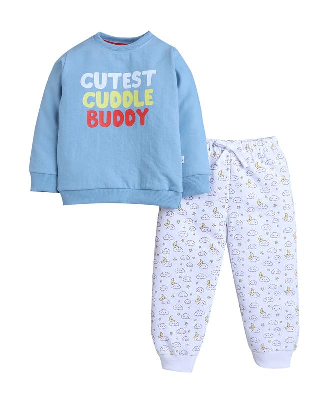 Bumzee Boys Blue & White Spun Fleece Full Sleeves Graphic Print Regular Fit Sweatshirt & Jogger Set - 18-24 Months (Peb11091E-Bl
