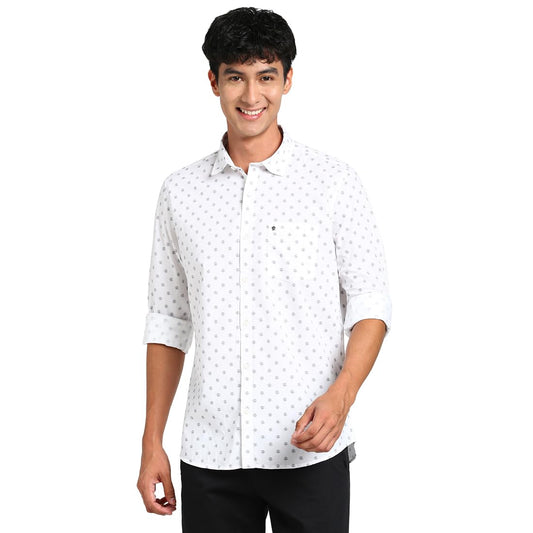 Turtle Men 100% Cotton White Printed Slim Fit Casual Shirt