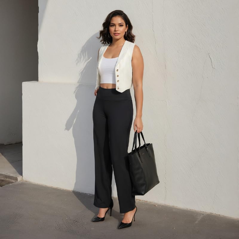 BlissClub Women High Rise The Ultimate Wide Leg Pants - Lite | Pockets | High Waisted | Quick Dry | Drawstring Bliss Black | Siz