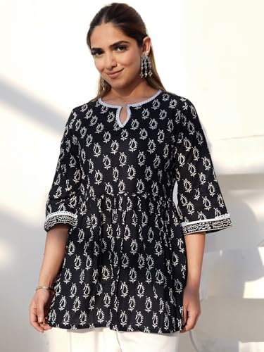 Libas WomenS Pure Cotton Printed A-Line Kurtis (26590_Black