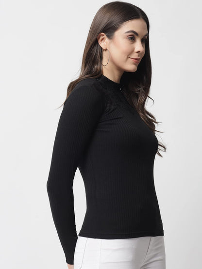 POPWINGS Ribbed Black Full Sleeve Neck Design Top