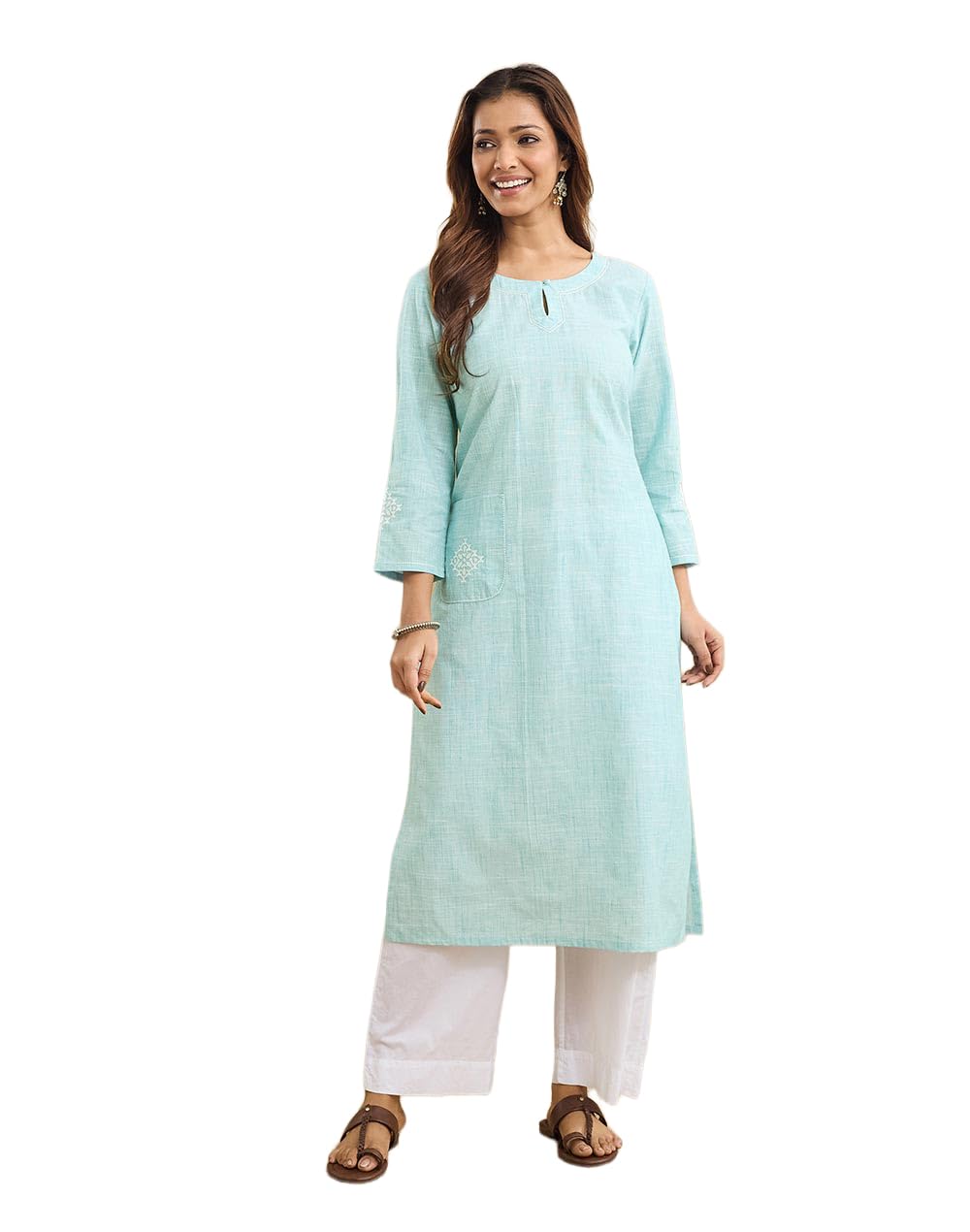 Fabindia Women'S Lightblue Cotton Embroidered Slim Fit Long Kurta