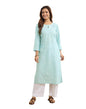 Fabindia Women'S Lightblue Cotton Embroidered Slim Fit Long Kurta