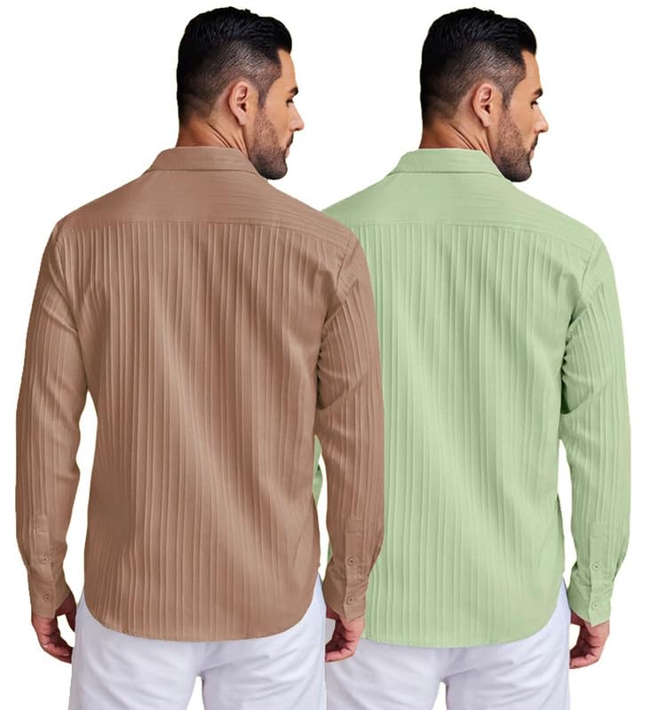 Deelmo Combo Of MenS Casual Button Down Shirts Long Sleeve Linen Shirt Fashion Textured Summer Shirts Pack Of 2