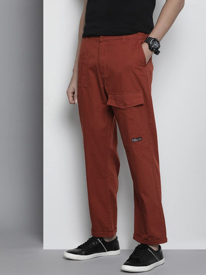 The Indian Garage Co Men Relaxed Fit Solid Mid-Rise Trousers Burnt Orange