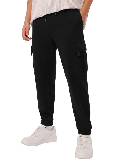 The Souled Store Solids: Jet Black Men and Boys Drawstringed Regular Fit Cotton Blend Cargo Joggers