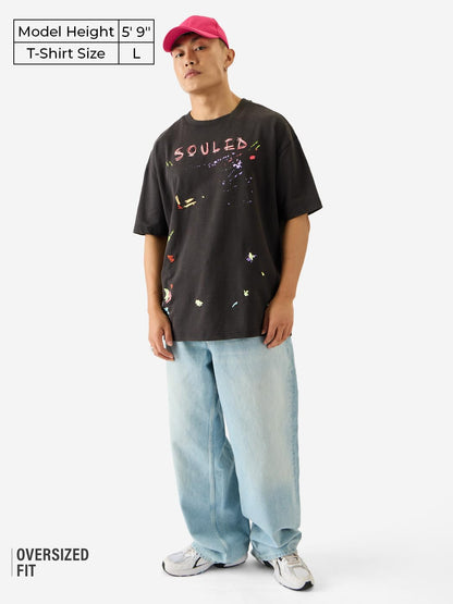 The Souled Store Painted Mr. Soul Men and Boys Short Sleeve Round Neck Black Graphic Printed Cotton Oversized T-Shirts