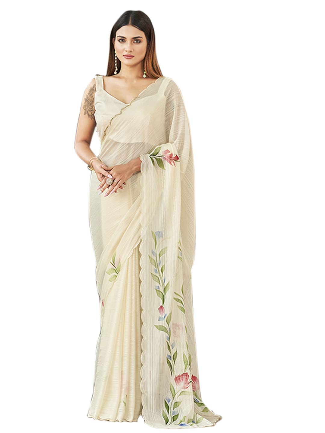 Womanista Womens Satin Hand Print Saree for Women | Fancy Floral Print Striped Saree (TI3313_Cream)