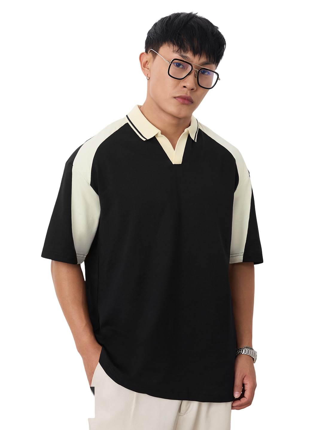 The Souled Store Colourblock Polo: White and Black Men and Boys Short Sleeve Collared Neck Cotton Heavy Gauge Casual Lightweight