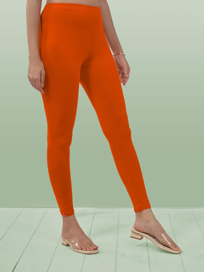 Lyra Women Solid Premium Cotton Orange Ankle Length Leggings | Mid-Waist | Fashionwear