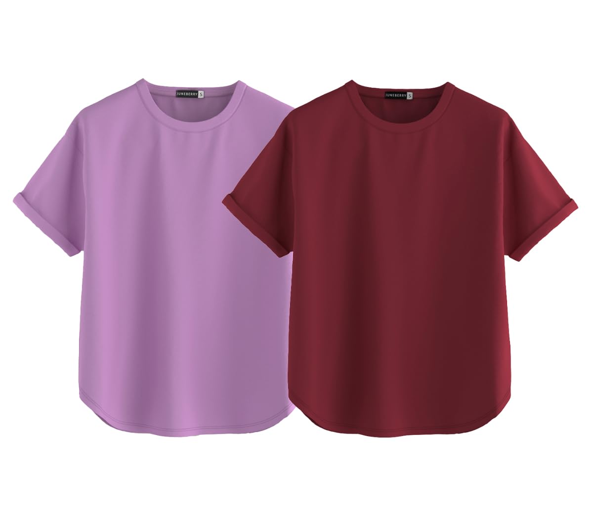Juneberry Pure 100% Cotton Oversized Loose Baggy Fit Round Neck With Drop Shoulder Lilac & Maroon Half Sleeves Boyfriend T-Shirt
