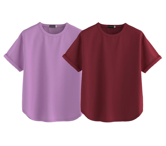 Juneberry Pure 100% Cotton Oversized Loose Baggy Fit Round Neck With Drop Shoulder Lilac & Maroon Half Sleeves Boyfriend T-Shirt