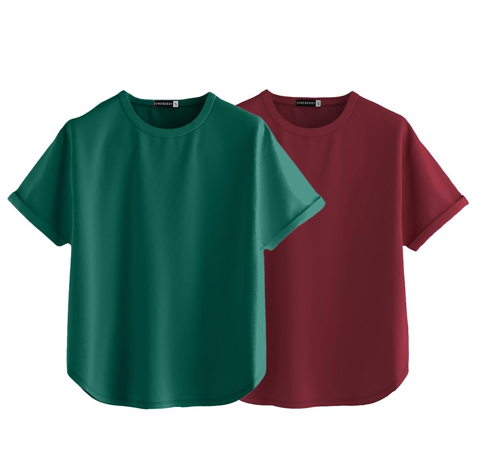 Juneberry Pure 100% Cotton Oversized Loose Baggy Fit Round Neck With Drop Shoulder Half Sleeves Boyfriend T-Shirt Combo For Wome