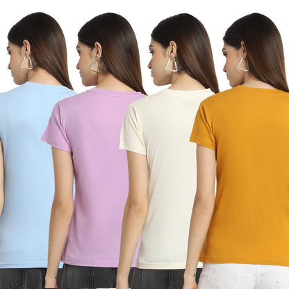 Preneum Womens Cotton Regular Fit Latest Graphic Stylish Printed Short Sleeves Casual T-Shirt || Trendy (Pack 4), Blue & Purple