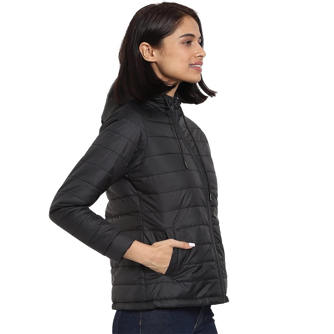 Bewakoof Womens Solid Relaxed Fit Full Sleeve Hooded Nylon Plus Size Puffer Jacket