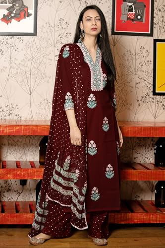 GoSriKi Viscose Rayon Kurta Set with Trousers & Dupatta, Medium, Bordeaux Red, Model: Belagavi Mustard-GS