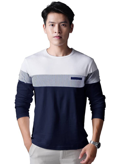 Noble Monk MenS Round Neck Full Sleeves Striped Regular Fit T-Shirt Navy Blue White