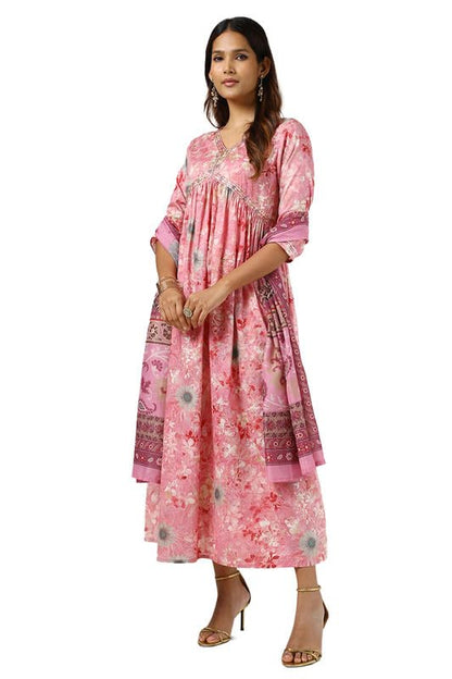 Soch Womens Blush Pink Cotton Floral Print Kurta with Mirror and Cutdana