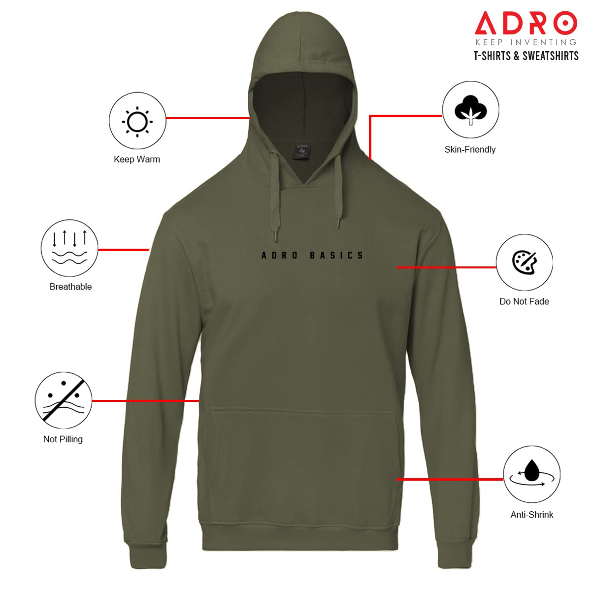 ADRO Men's Cotton Neck Hooded Sweatshirt (H22-1-AR2-OL_Olive)