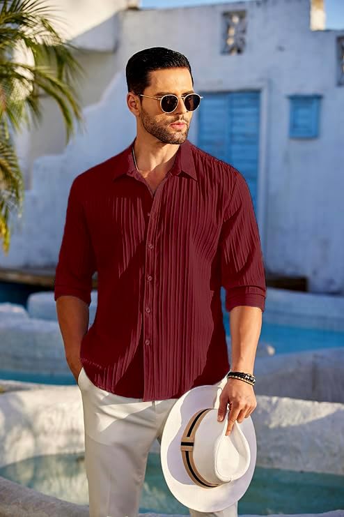 CB-COLEBROOK Mens Casual Button Down Shirts Long Sleeve Linen Shirt Fashion Textured Beach Summer Shirt (in, Alpha, XL, Regular