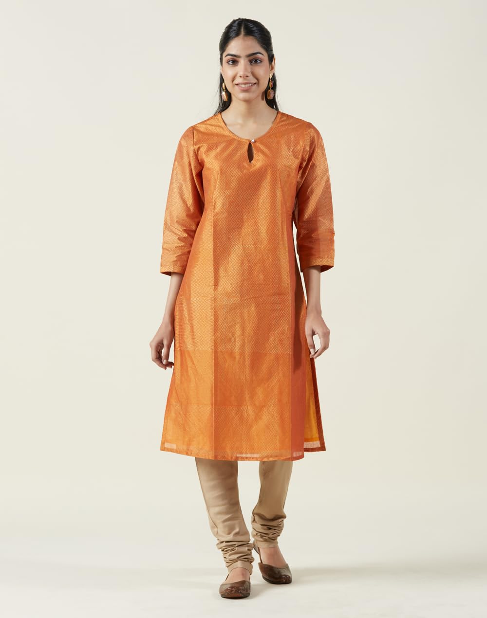 Fabindia Women's Silk Printed Regular Kurta (1009227MULTI_Orange