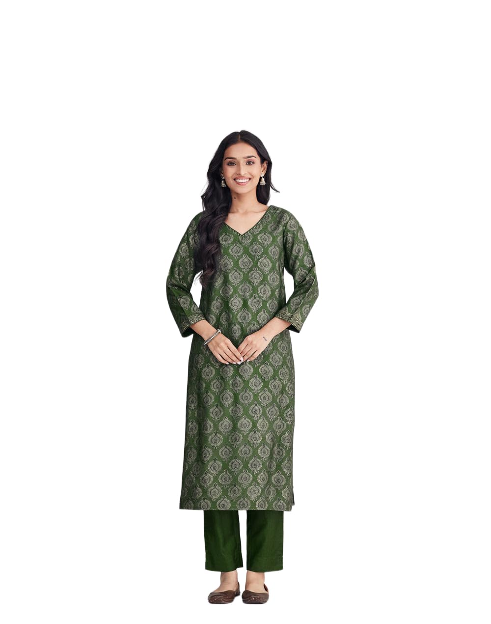 Fabindia Green Viscose Silk Hand Block Print Long Kurta