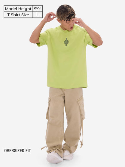 The Souled Store Cactus Men and Boys Short Sleeves Round Neck Green Embroidery Cotton Oversized T-Shirts