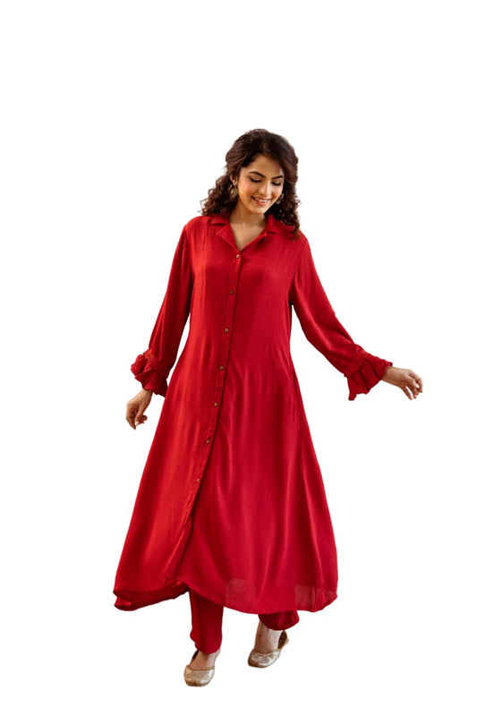 Red Solid shirt collar rayon kurta with pants