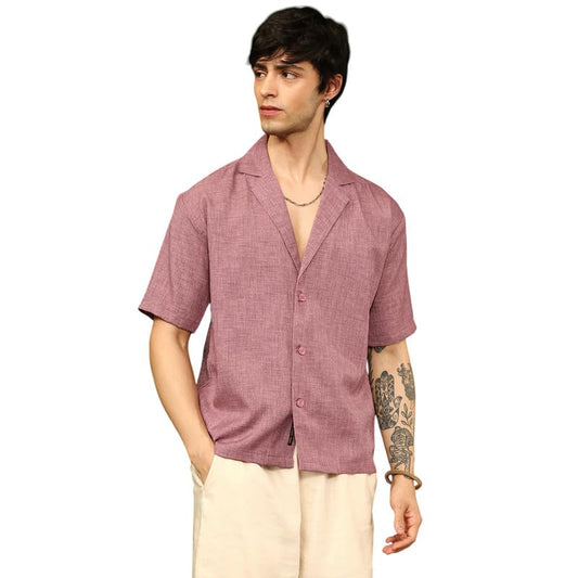 Campus Sutra Mens Brick Red Heathered Korean Oversized Shirt for Casual Wear | Lapel Collar | Short Sleeve | Button Closure | O