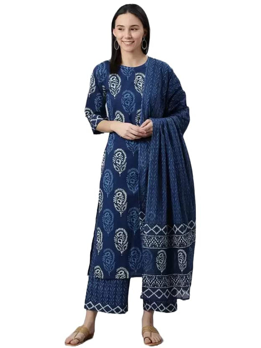 KLOSIA Women Indigo Block Printed Kurta Set with Dupatta