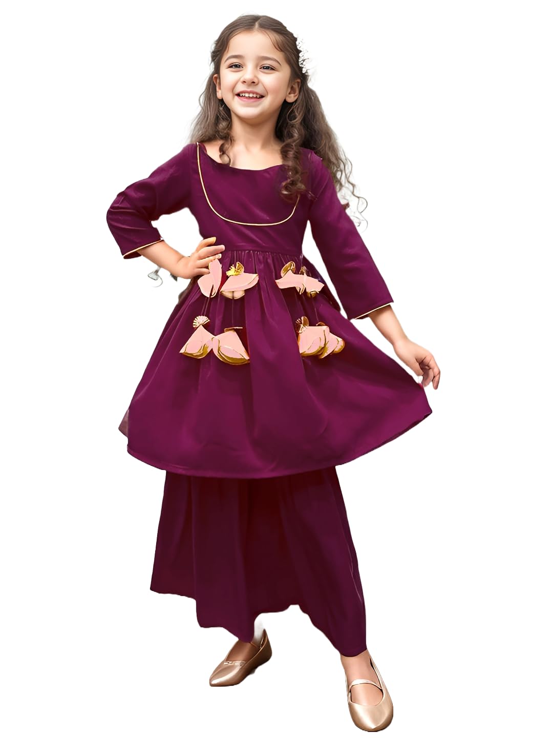 A.T.U.N. (All Things Uber Nice) A.T.U.N. Girls Wine Kurta With Sharara Set