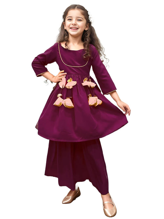 A.T.U.N. (All Things Uber Nice) A.T.U.N. Girls Wine Kurta With Sharara Set