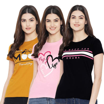 Preneum Womens Cotton Regular Fit Latest Graphic Stylish Printed Short Sleeves Casual T-Shirt || Trend & Styles (Pack 3), Yello