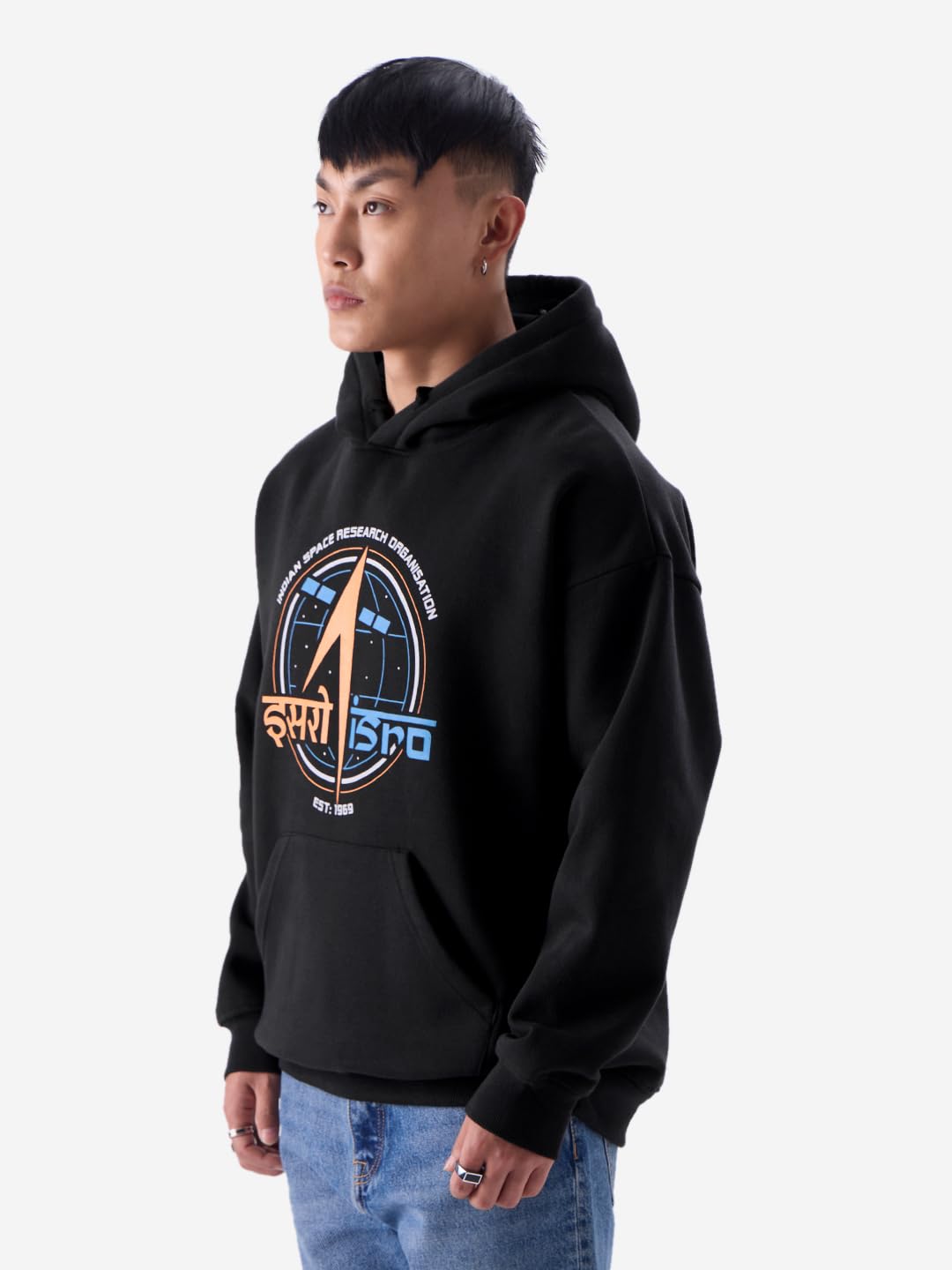 The Souled Store ISRO: Logo Men and Boys Long Sleeve Black Graphic Print Hooded Neck Oversized Fit Hoodies Oversized Hoodies Swe