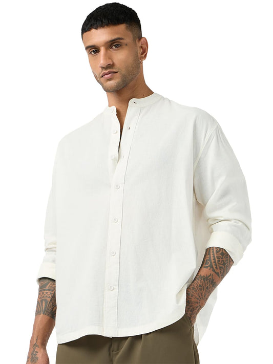 Bewakoof Mens Solid Oversized Fit Full Sleeve Mandarin Collar Cotton Shirt_685471_Off White_M