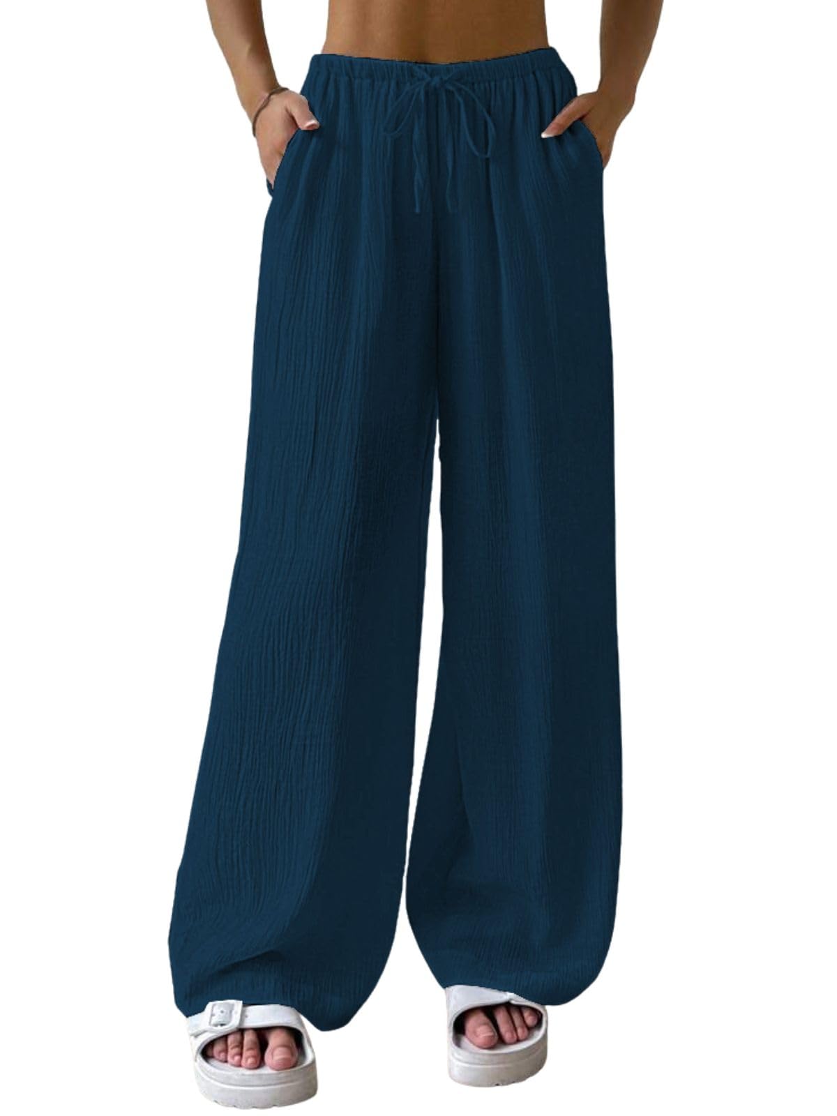 Greciilooks WomenS Loose High Rise Trouser | High-Waist Korean Pants | Formal Track Pant | Cargo Style Baggy Trendy Dark Blue